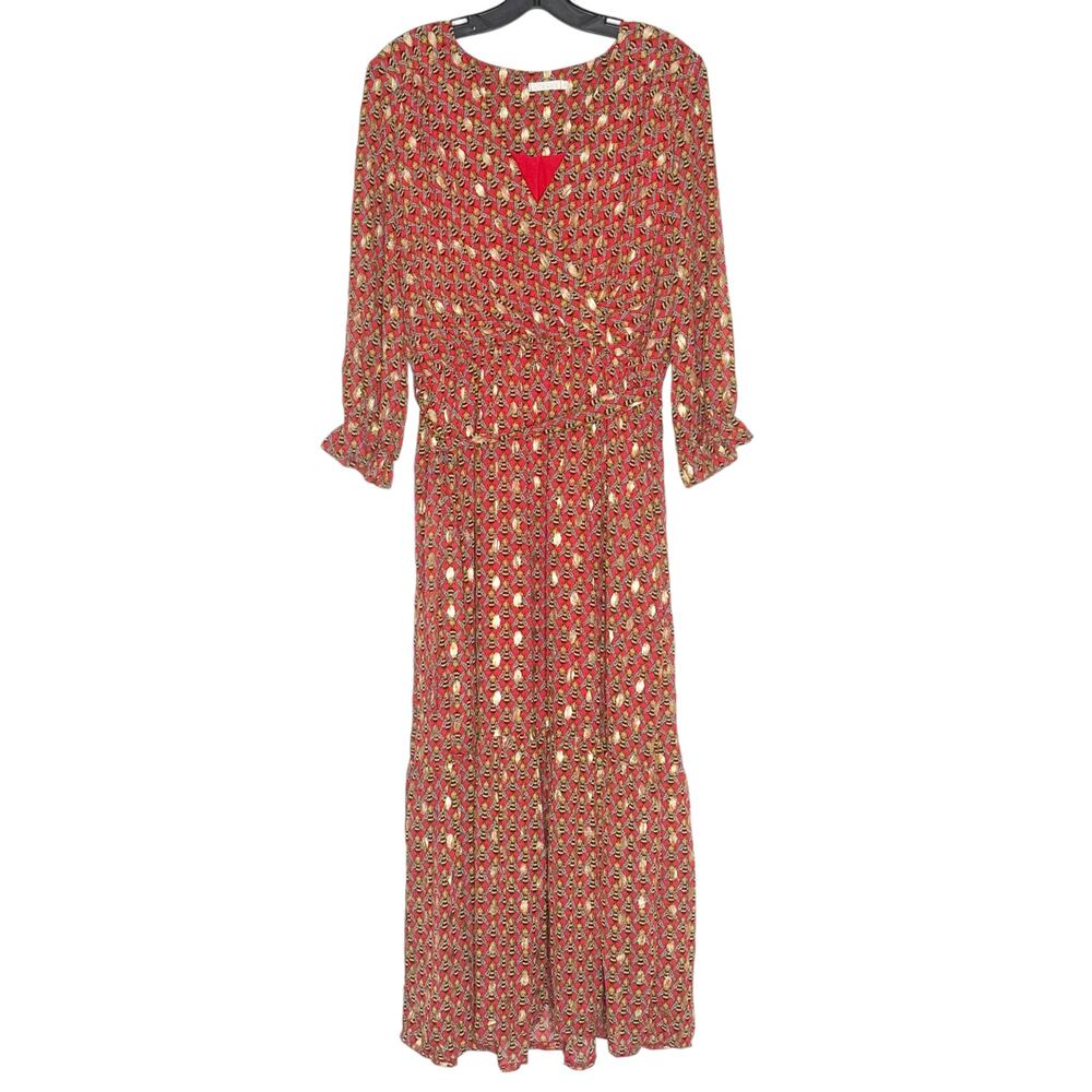 Red Bee Dress Midi Boho Cottagecore Prairie Tiered Flowy Whimsical 3/4 Sleeve M